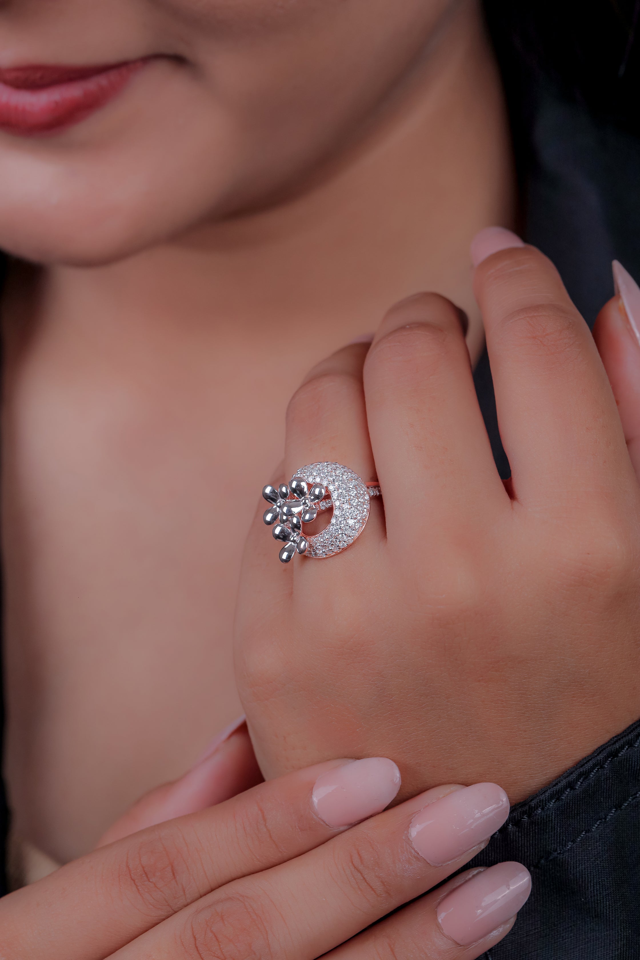 Diamond Dome With Floral Cluster Ring