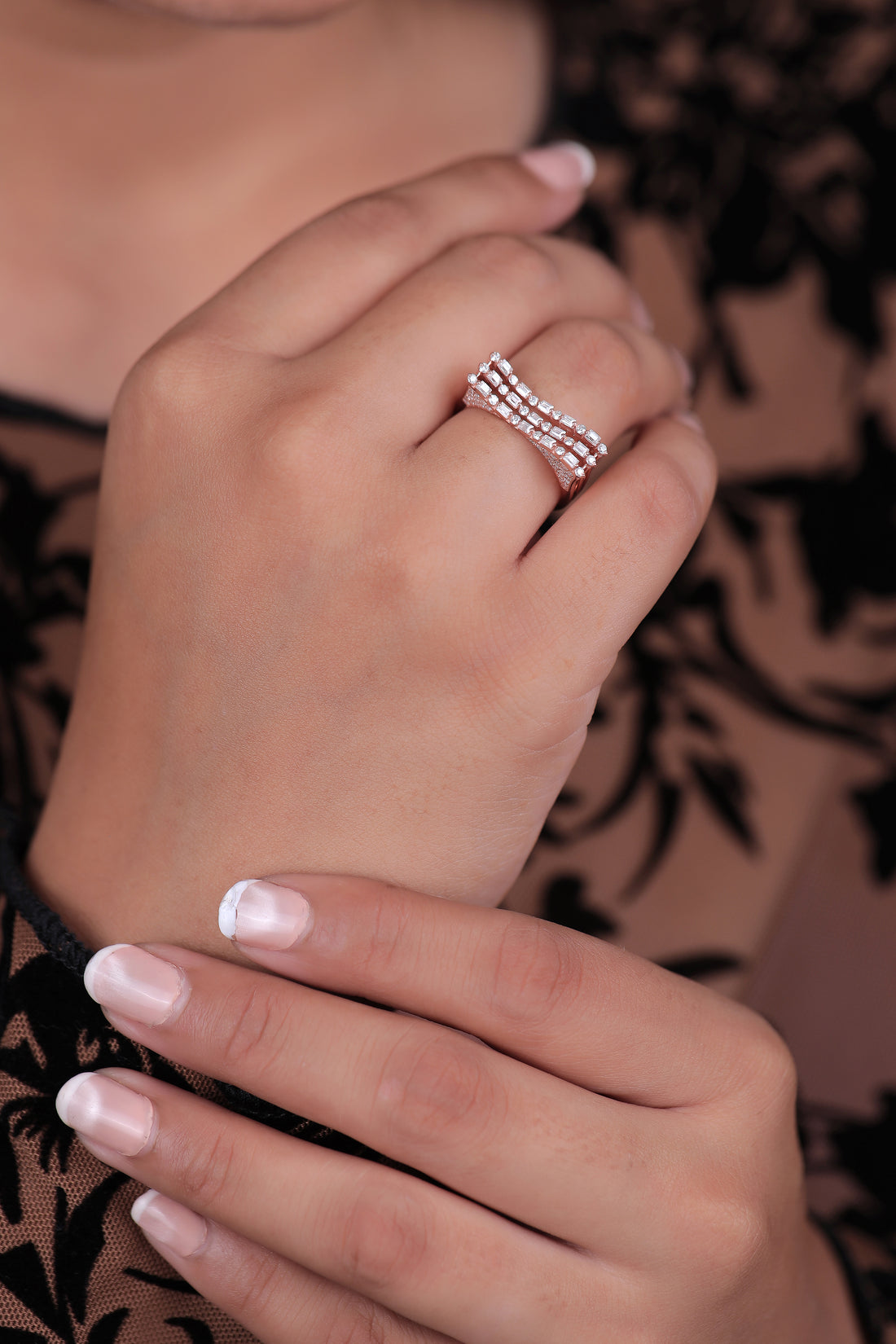 Four Row Pave Baguette Diamond Ring