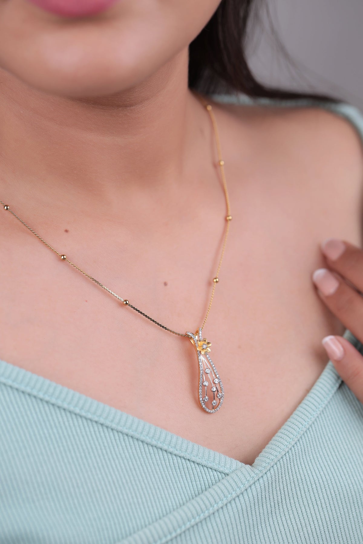 Statement Two-Tone Floral Diamond Dangle Pendant Set