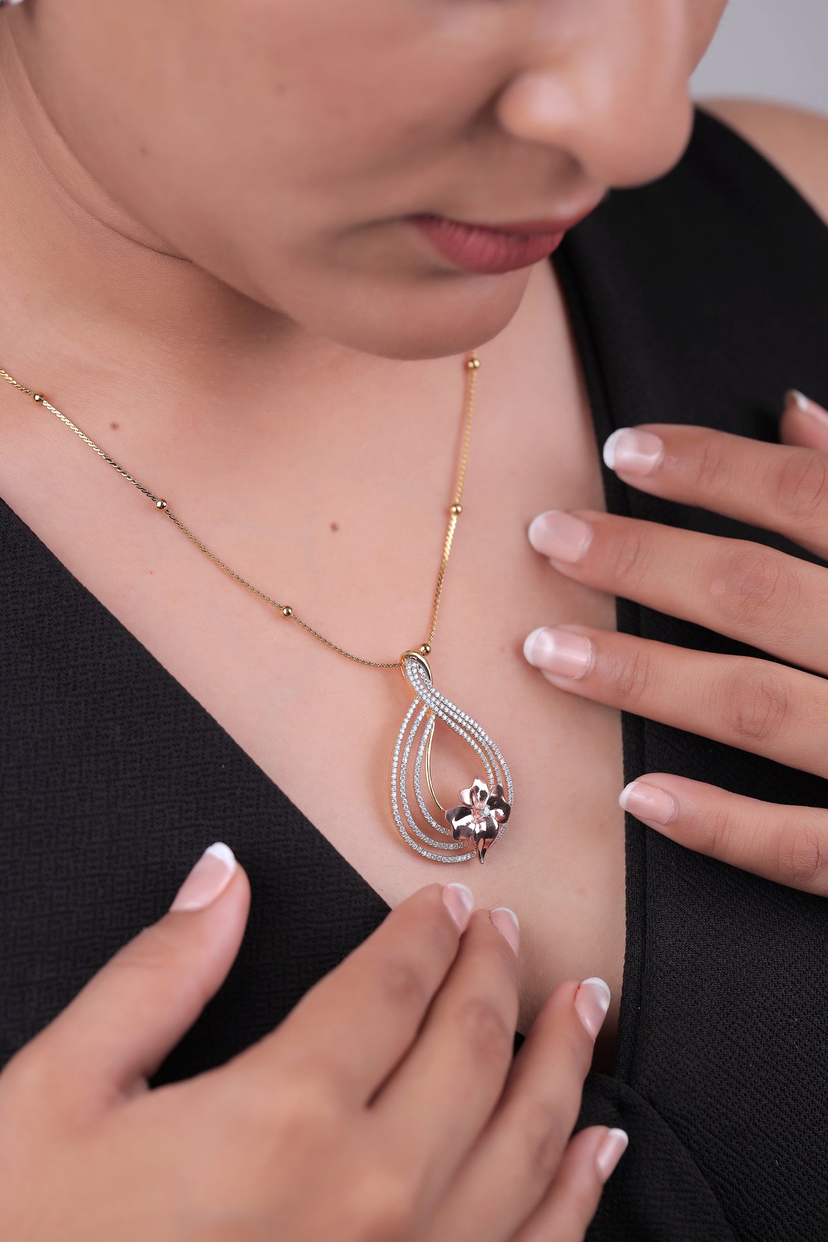 Diamond Teardrop With Floral Accent Pendant