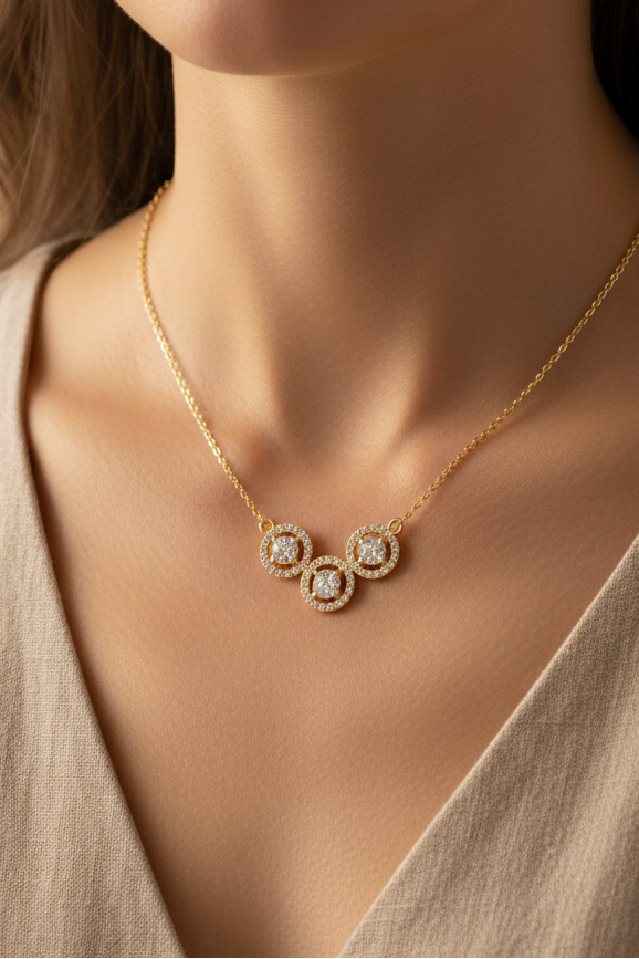 Threee Stone Round Halo Diamond Pendant