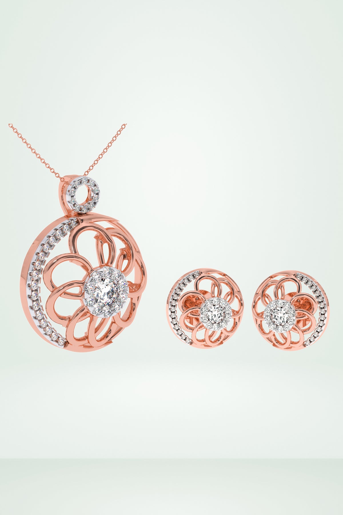 Floral Openwork Diamond Studded Pendant Set
