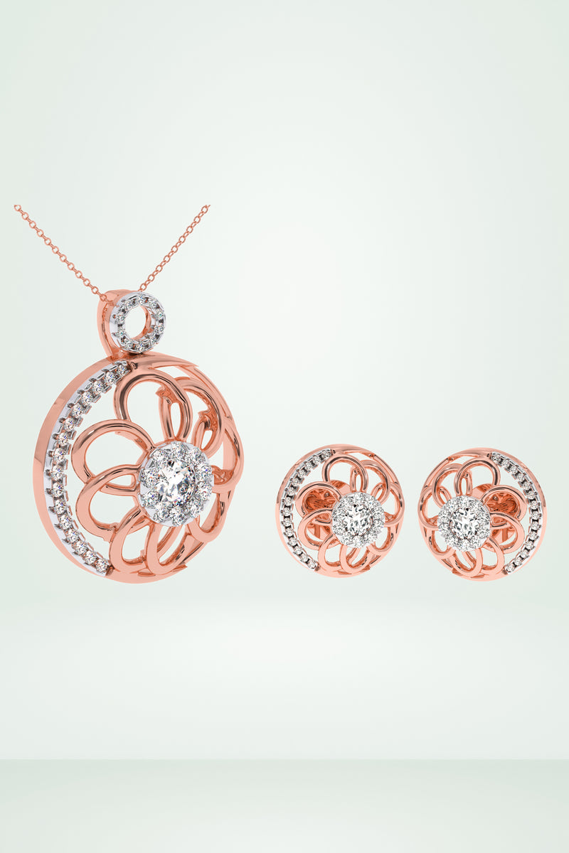 Floral Openwork Diamond Studded Pendant Set