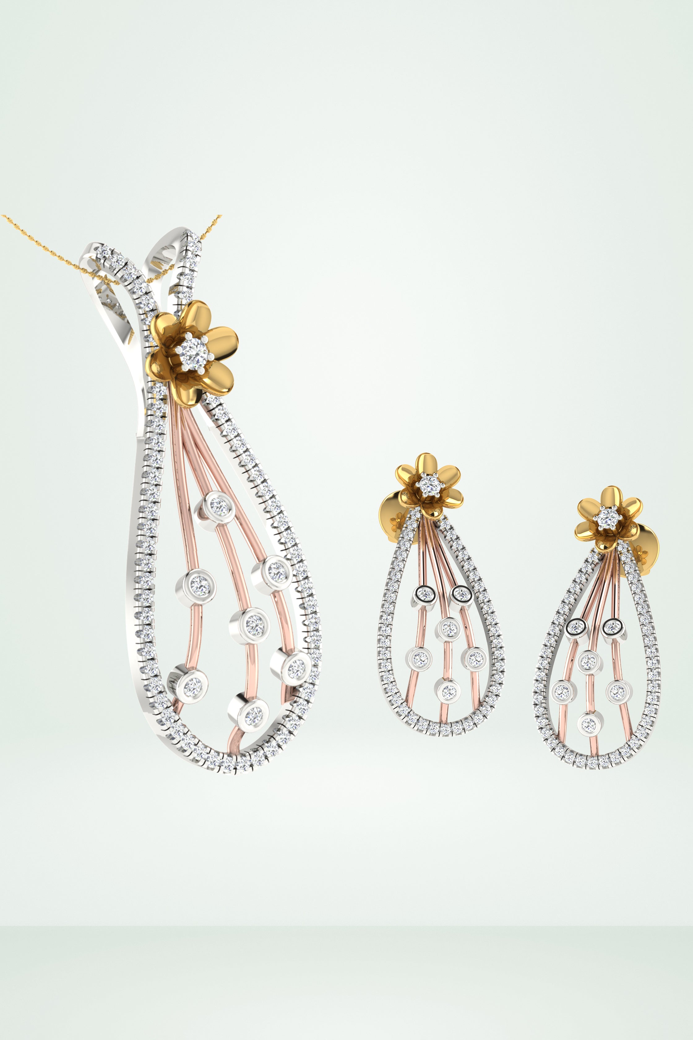 Statement Two-Tone Floral Diamond Dangle Pendant Set