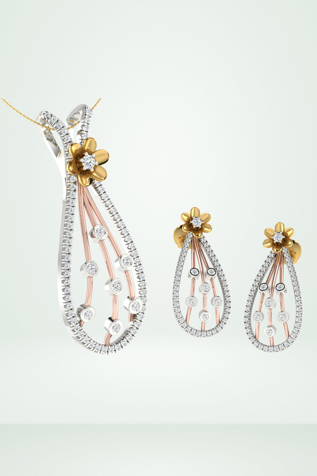 Statement Two-Tone Floral Diamond Dangle Pendant Set