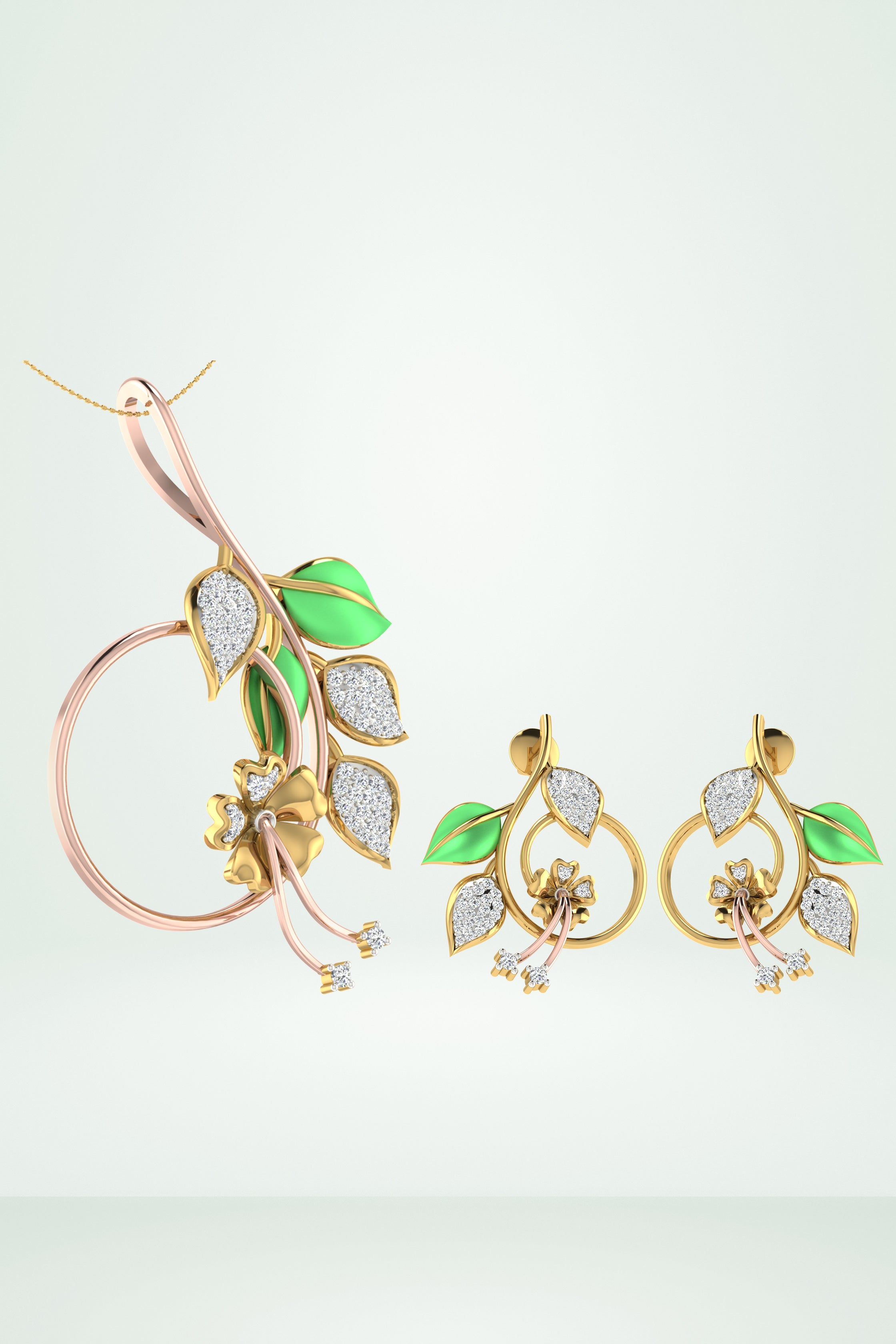 Enamel Green Leaf Drop Pendant Set