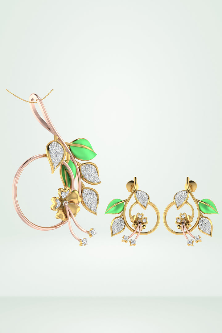 Enamel Green Leaf Drop Pendant Set