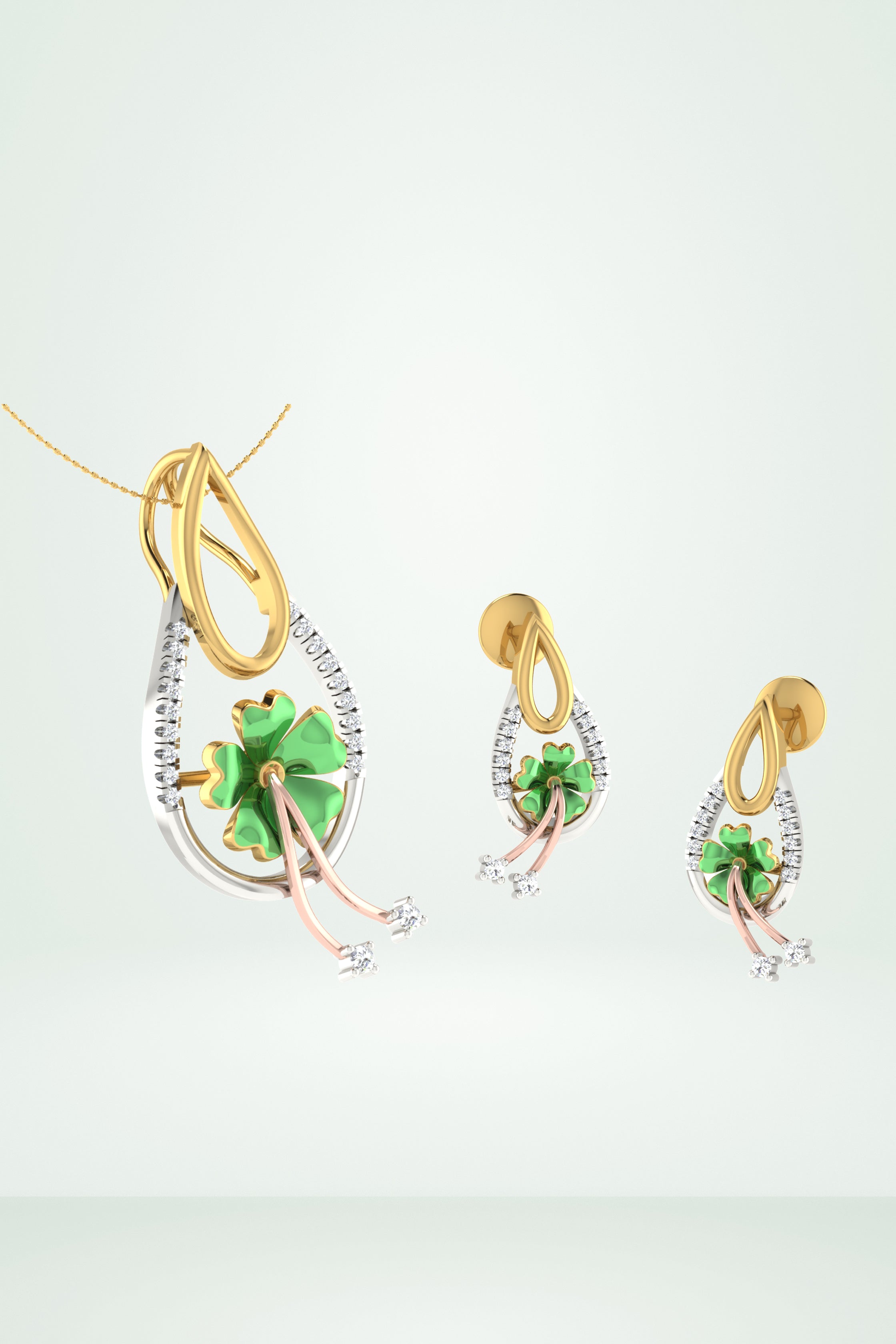 Enamel Green Four Leaf Clover Pendant Set