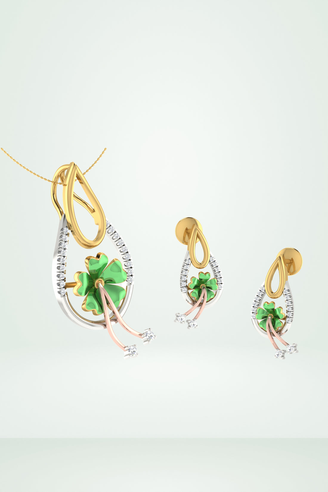 Enamel Green Four Leaf Clover Pendant Set