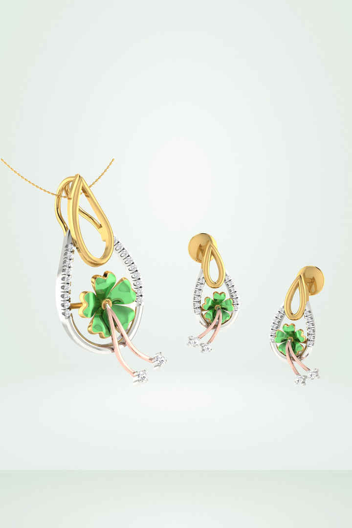 Enamel Green Four Leaf Clover Pendant Set