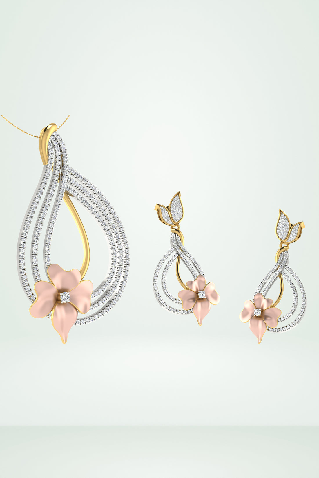 Luxury Gold Vermeil Jewellery Brand in India | Riaagh Diamond Teardrop With Floral Accent Pendant Set