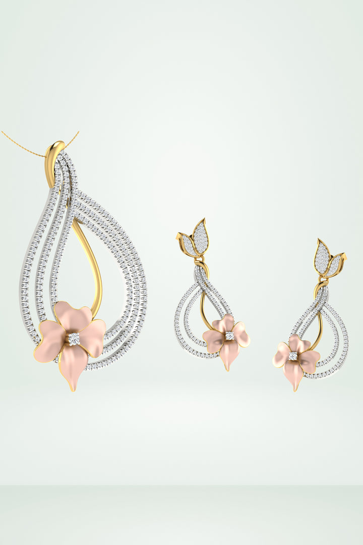 Riaagh Diamond Teardrop With Floral Accent Pendant Set