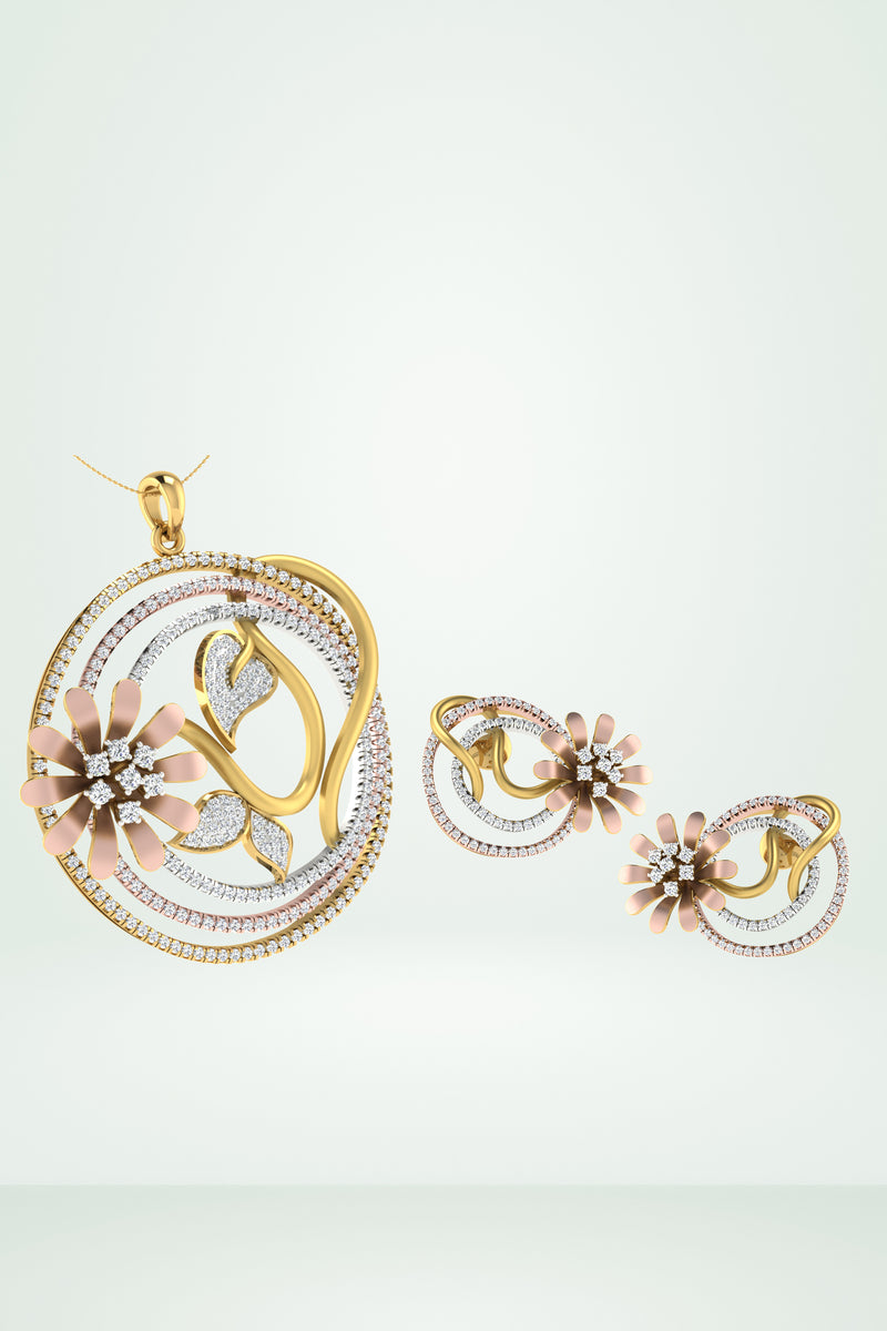Modern Abstract Flower & Swirl Diamond Pendant Set