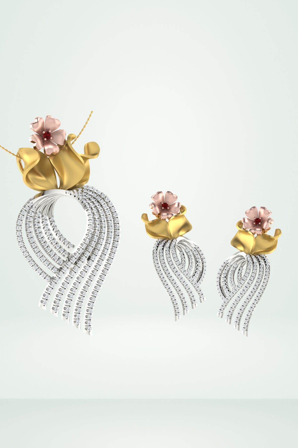 Royal Flower Diamond Basket Tassel Pendant Set