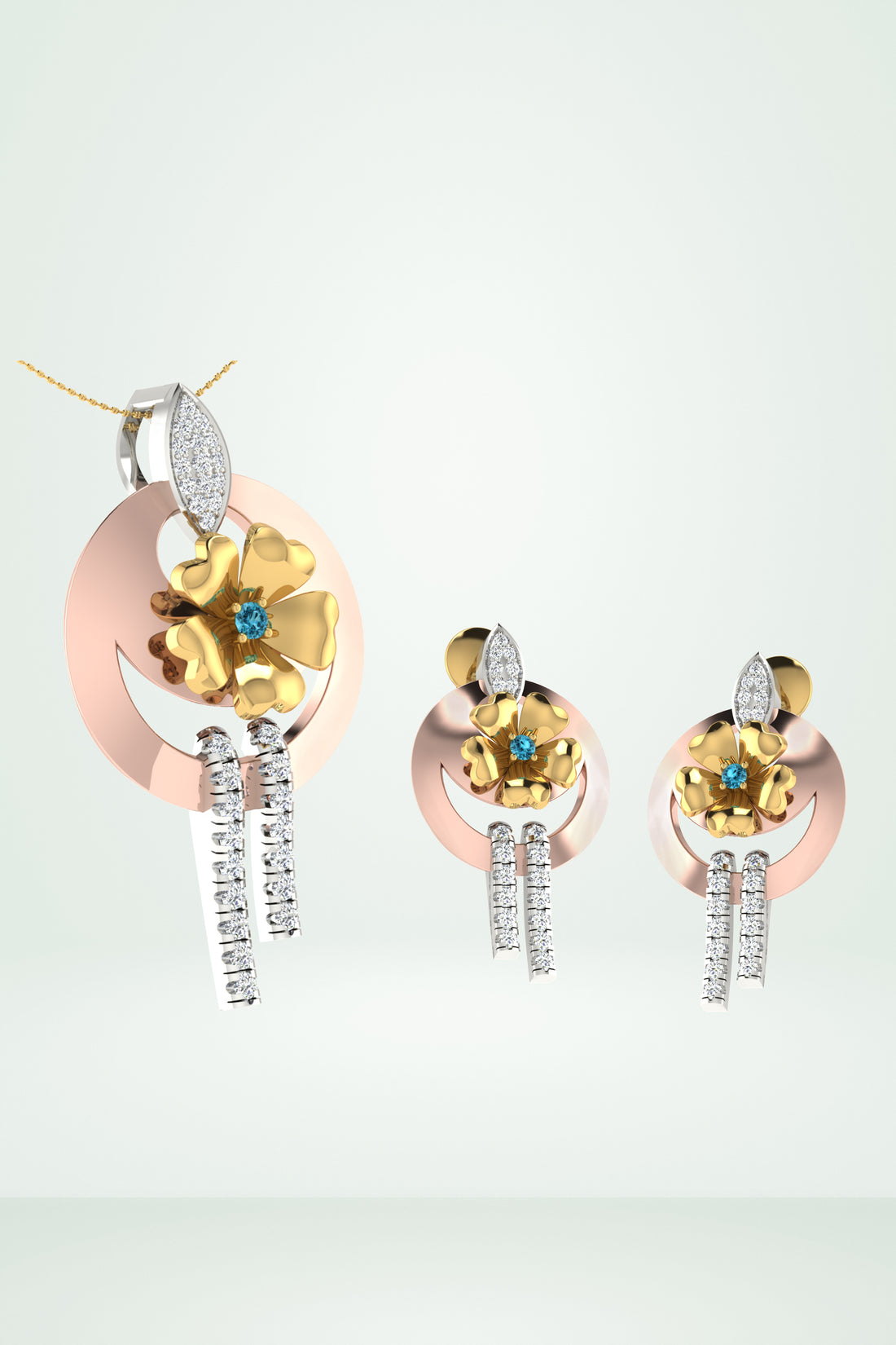 Gold Floral Drop Earring With Diamond Tassels Pendent Set