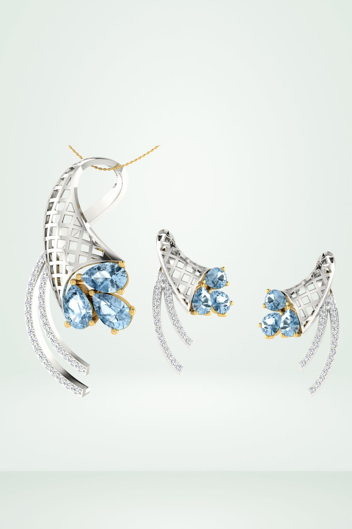 Blue Gemstone Cluster And Swirl Pendant Set