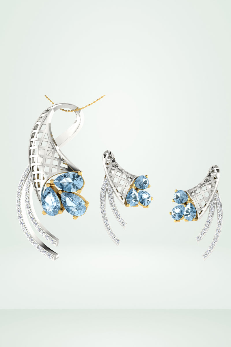 Blue Gemstone Cluster And Swirl Pendant Set