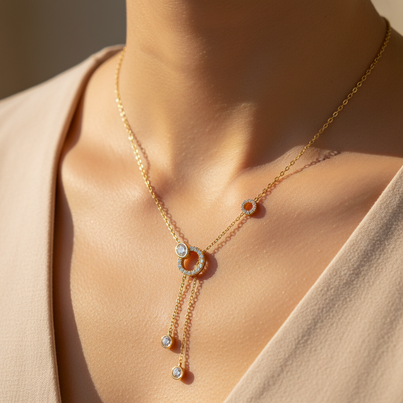 Pave Circle & Solitaire Drop Lariat Necklace