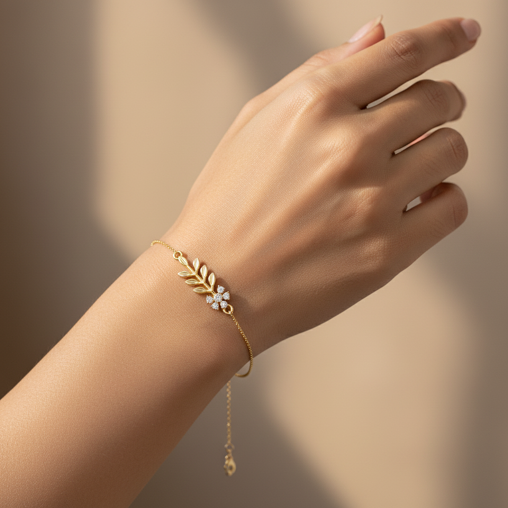 Delicate Diamond Flower & Leaf Bracelet
