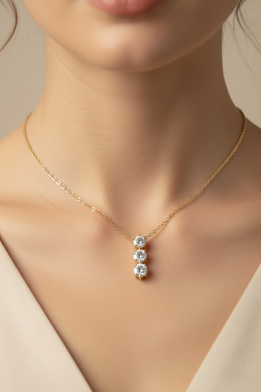 Three Stone Round Vertical Drop Necklace
